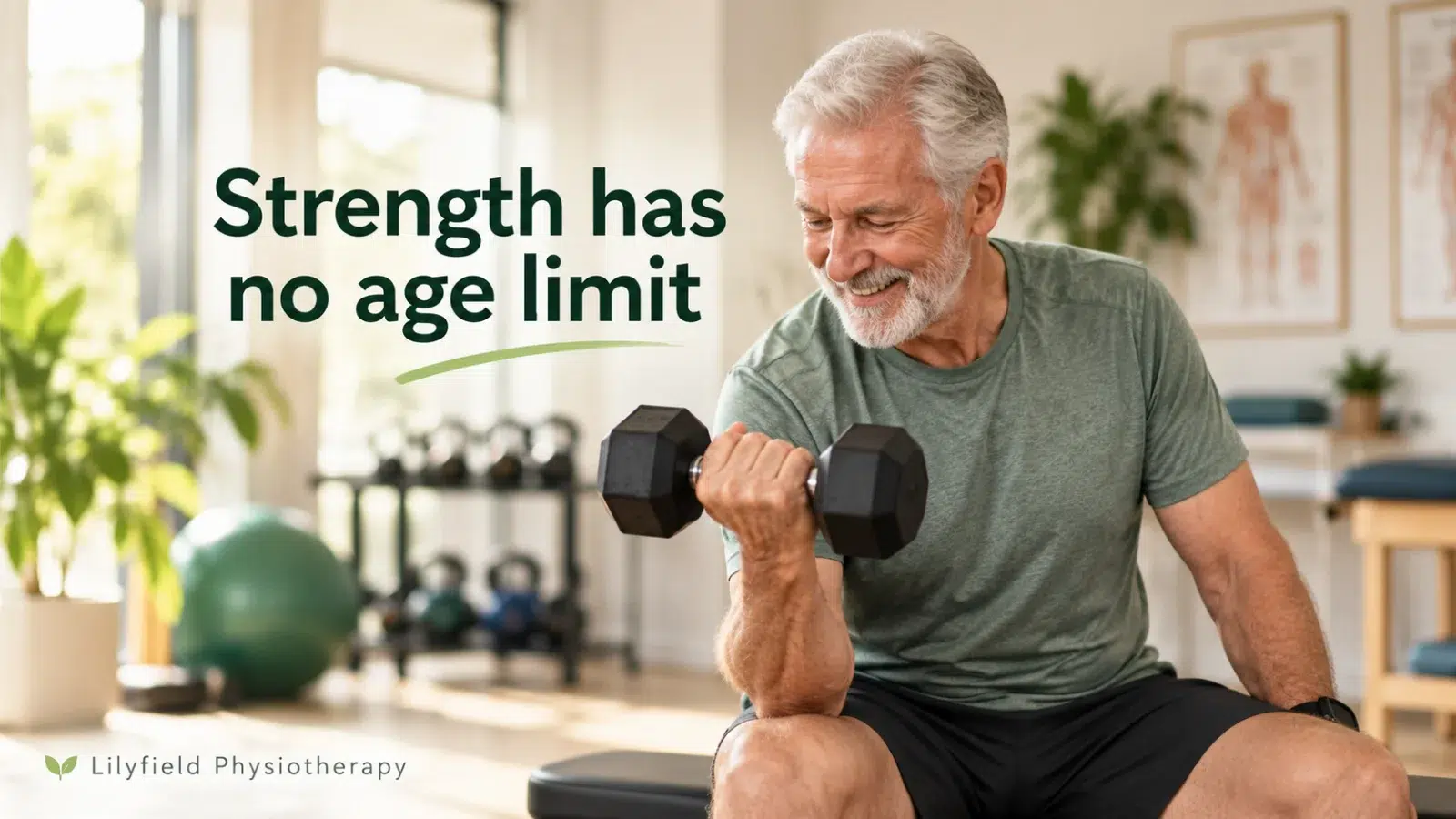 Smiling older man with gray hair lifting a black dumbbell in a gym, with the text "Strength has no age limit."