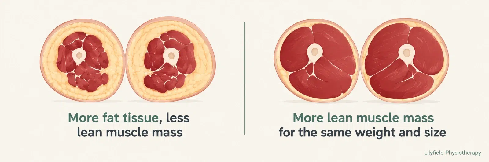 Illustration comparing two body compositions: one with more fat and less muscle, the other with more lean muscle for the same size.