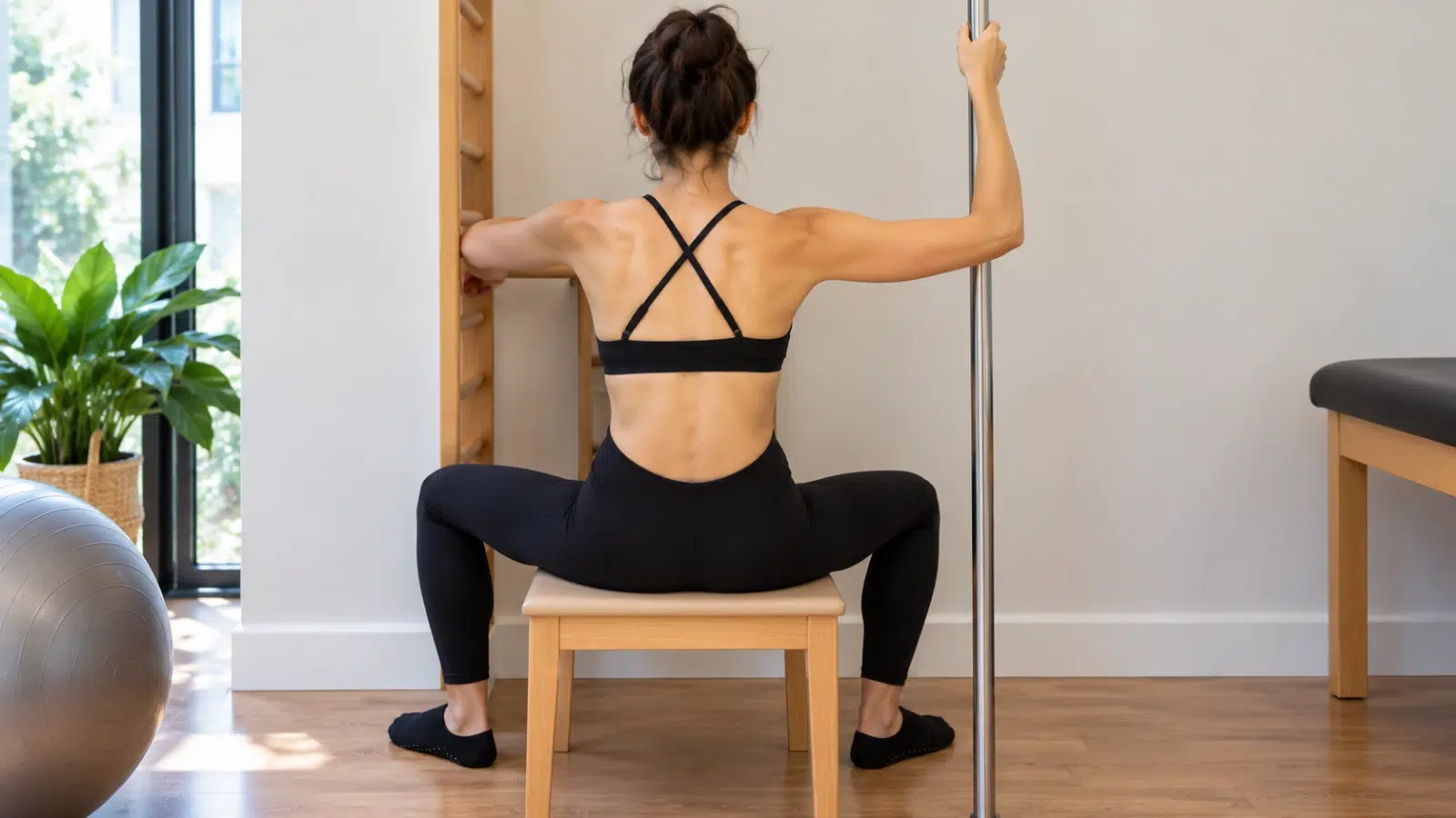 Woman from behind performing a therapeutic exercise with a stall bar and pole in a bright studio, focusing on posture.