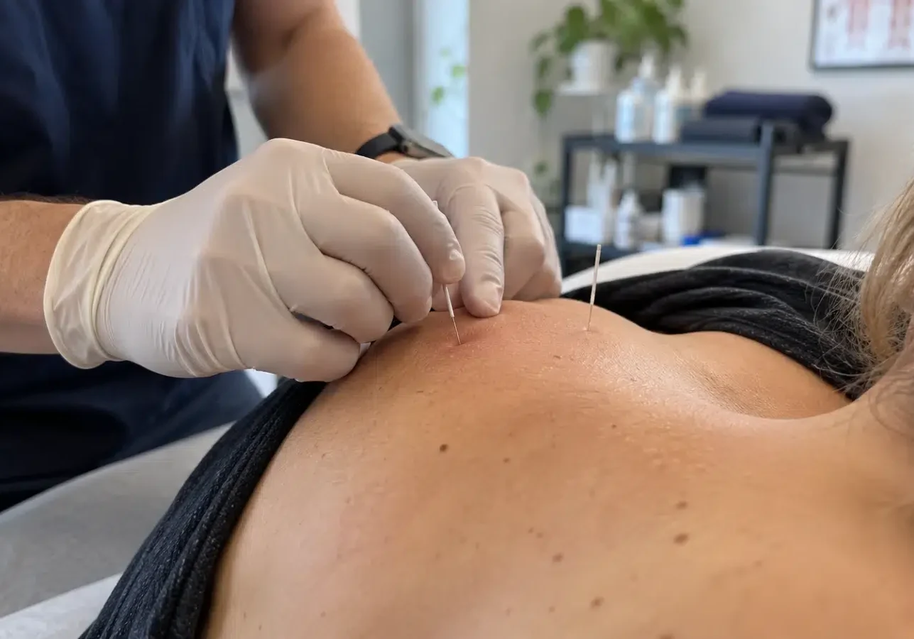 A gloved hand inserts thin needles into a person's upper back during a dry needling session.