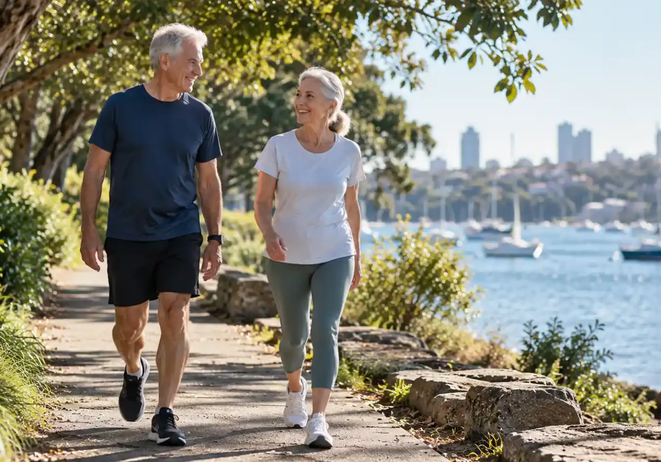 An older man and woman walk smiling on a path by the water, with boats and a city skyline in the distance.