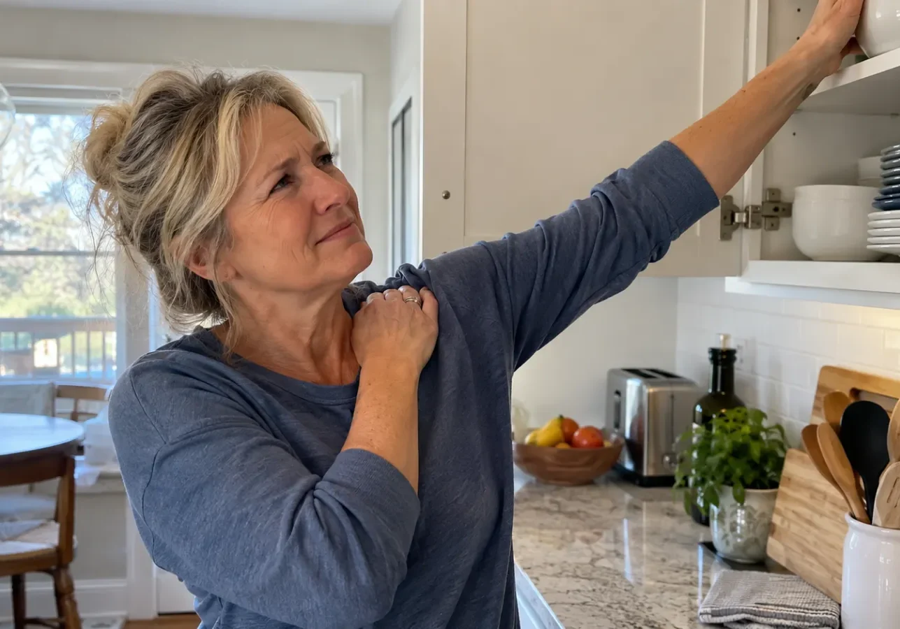 A woman grimaces in pain while reaching into an overhead kitchen cabinet, holding her sore shoulder.